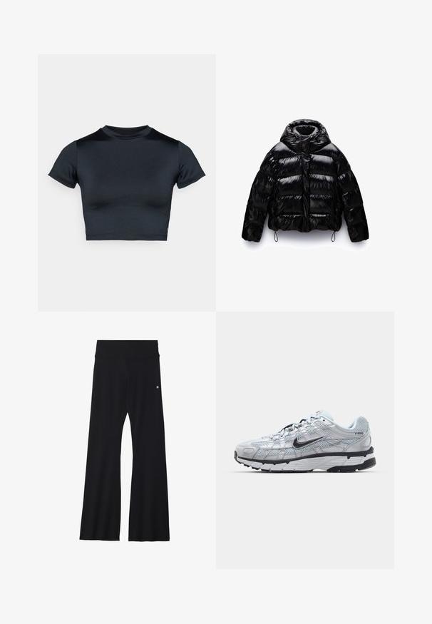 Črna puhovka z sijajno obdelavo, z visokim ovratnikom, zadrgo spredaj in elastičnimi vrvicami na robu in manšetah.; Kratka majica s kratkimi rokavi v temno mornarsko modri barvi, izdelana iz gladkega, raztegljivega materiala. Ima okrogel izrez in minimalne šivane detajle. Brez vidnih logotipov.; Črne razširjene joga hlače iz elastičnega materiala, z širokim pasom in majhnim logotipom blizu bokov. Gladka tekstura, brez vzorcev.; Nike P-6000 športni copati z lahkim sivim mrežastim zgornjim delom, črnimi dodatki in trdim črnim gumijastim podplatom. Imajo zapleten dizajn in sistem vezalk.