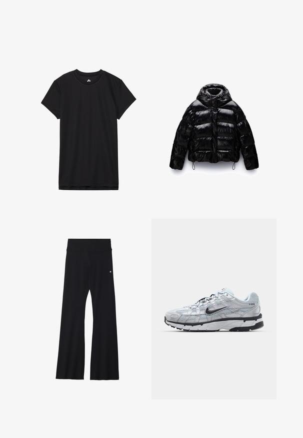Črna puhovka z sijajno obdelavo, z visokim ovratnikom, zadrgo spredaj in elastičnimi vrvicami na robu in manšetah.; Črna kratkotrajna majica s kratkimi rokavi, narejena iz mehkega blaga, z okroglim izrezom in standardnim krojem. Brez vidnih vzorcev ali akcentov.; Črne razširjene joga hlače iz elastičnega materiala, z širokim pasom in majhnim logotipom blizu bokov. Gladka tekstura, brez vzorcev.; Nike P-6000 športni copati z lahkim sivim mrežastim zgornjim delom, črnimi dodatki in trdim črnim gumijastim podplatom. Imajo zapleten dizajn in sistem vezalk.