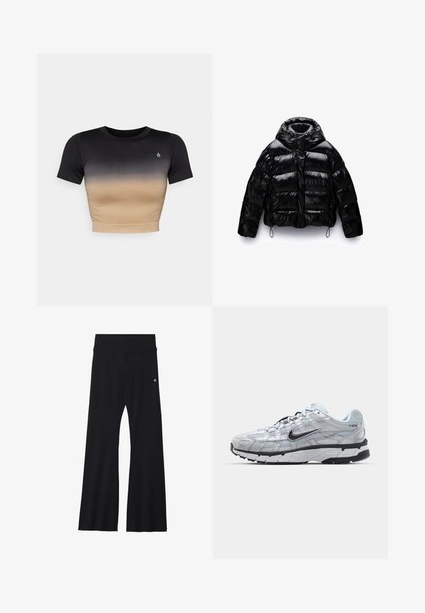 Svart puffjacka med en glänsande yta, som har hög krage, dragkedja fram och elastiska snoddar i fållen och vid ärmsluten.; Kortärmad crop top med en gradient från svart till beige. Slät yta, rund halsringning och en subtil logotyp på bröstet.; Svarta vida yogabyxor i elastiskt tyg, med ett brett midjeband och en liten logotyp nära höften. Slät textur, inga mönster.; Nike P-6000 sneakers med en ljusgrå nätövre, svarta accenter och en hållbar sula i svart gummi. Har en intrikat design och snörningssystem.
