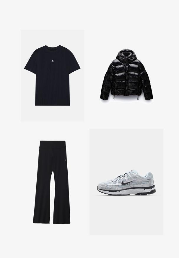 Sort pufferjakke med en blank finish, der har en høj krave, lynlås foran og elastiske snore i kanten og ved manchetterne.; Sort bomulds t-shirt med rund halsudskæring, korte ærmer og et lille hvidt blomstermotiv centreret på brystet. Glat tekstur.; Sorte flared yoga bukser i strækbart stof, med en bred talje og et lille logo nær hoften. Glat tekstur, uden mønstre.; Nike P-6000 sneakers med en lys grå mesh overdel, sorte accenter og en holdbar sort gummisål. Har et detaljeret design og snøresystem.