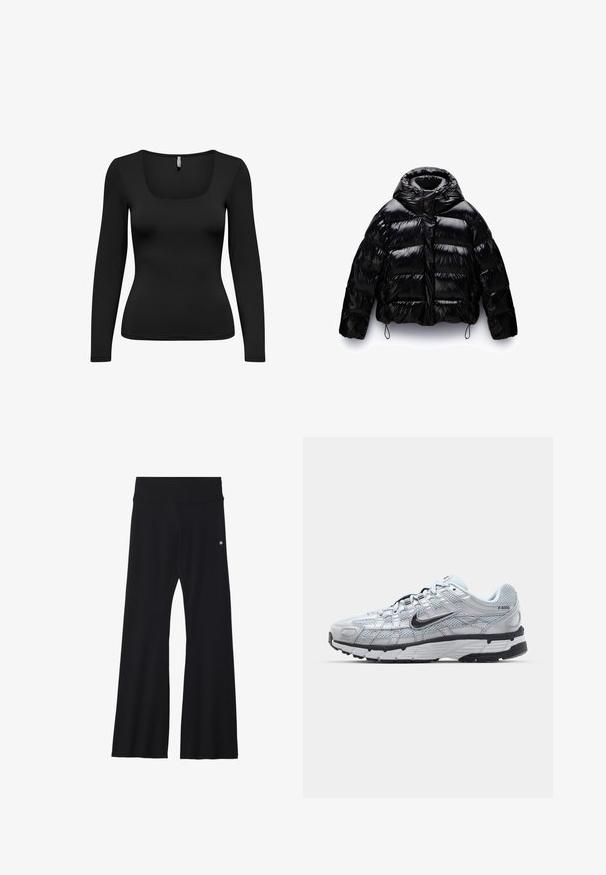 Black puffer jacket with a glossy finish, featuring a high collar, zip front, and elastic drawstrings at the hem and cuffs.; Black long-sleeve top with a square neckline. Made of smooth, stretchy fabric. Fitted design tapering at the waist. Seamless shoulders.; Black flared yoga pants in stretchy fabric, featuring a wide waistband and a small logo near the hip. Smooth texture, no patterns.; Nike P-6000 sneakers with a light grey mesh upper, black accents, and a durable black rubber sole. Features intricate design and lacing system.
