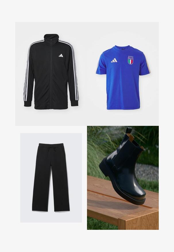 Black zip-up track jacket made of smooth fabric, featuring white side stripes and a small white logo on the chest.; Blue cotton t-shirt with short sleeves, featuring a round neck, three white Adidas stripes on the shoulders, and an Italia logo with accents.; Black wide-leg sweatpants made from a soft fabric. Features an elastic waistband with a drawstring and side pockets. Smooth texture.; Black leather chelsea boot with smooth finish, elastic side panels, rounded toe, and thick rubber sole, positioned above a wooden surface.