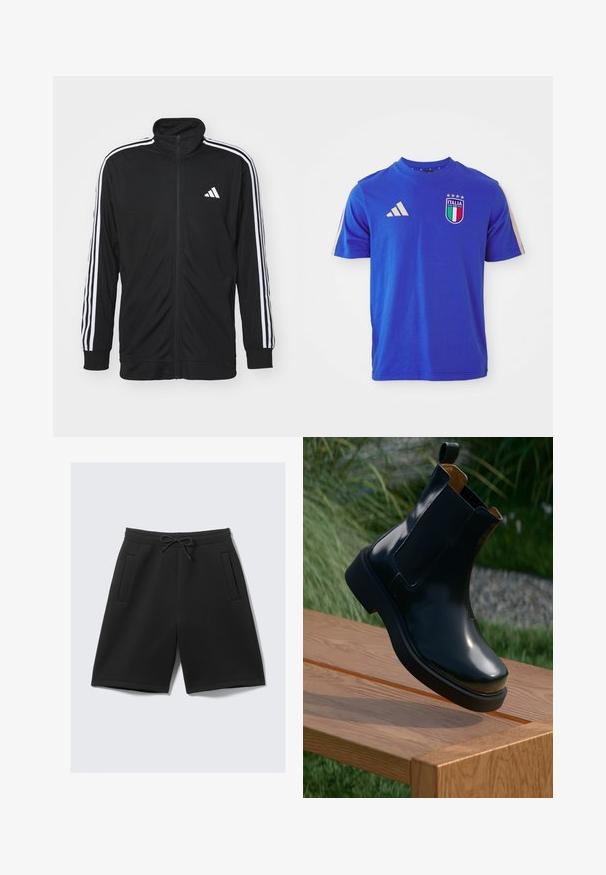 Black zip-up track jacket made of smooth fabric, featuring white side stripes and a small white logo on the chest.; Blue cotton t-shirt with short sleeves, featuring a round neck, three white Adidas stripes on the shoulders, and an Italia logo with accents.; Black athletic shorts made of soft fabric, featuring an elastic waistband with a drawstring, and two front pockets. Smooth texture, knee-length cut.; Black leather chelsea boot with smooth finish, elastic side panels, rounded toe, and thick rubber sole, positioned above a wooden surface.