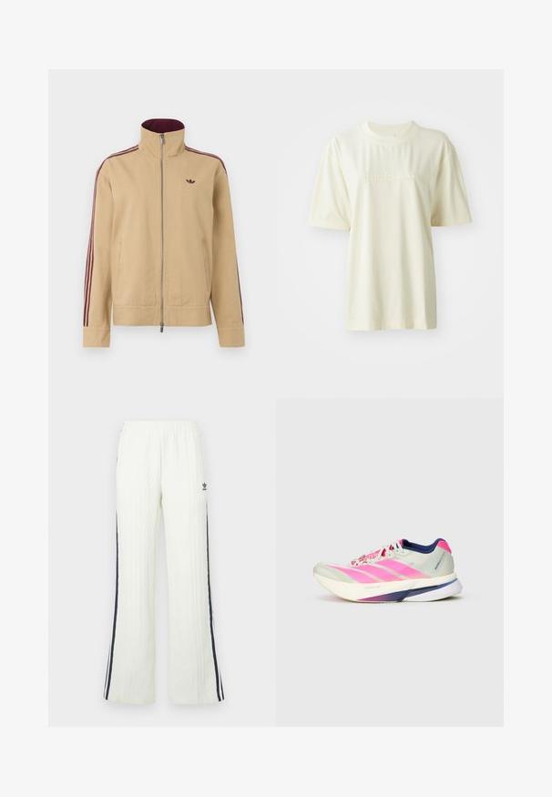 Veste beige avec col montant, fermeture éclair et deux poches latérales. Présente des accents rayés bordeaux sur les manches et un petit logo sur la poitrine.; T-shirt en coton couleur crème avec un col rond, des manches courtes et un logo "adidas" en relief sur la poitrine. Texture lisse et coupe décontractée.; Pantalon crème clair en maille torsadée avec une coupe évasée. Doté de bandes latérales bleu foncé et d'un logo Adidas sur la hanche. Taille élastique.; Chaussure de course avec une tige en mesh léger de couleur vert pâle et des rayures roses, des accents violets et une épaisse semelle blanche portant l'inscription "LIGHTSTRIKE PRO."
