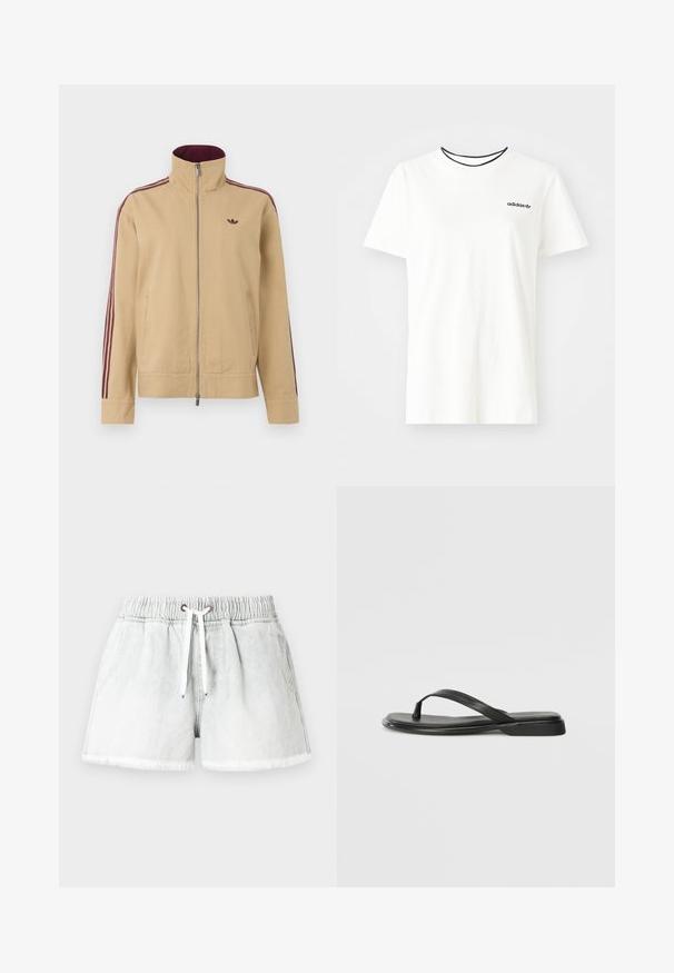 Jachetă bej cu guler înalt, închidere cu fermoar și două buzunare laterale. Prezentă accente în dungi bordeaux pe mâneci și un logo mic pe piept.; Tricou alb din bumbac cu mâneci scurte și guler rotund. Prezentă un logo Adidas negru pe piept și un guler interior contrastant de culoare neagră.; Șorturi din denim gri deschis cu talie elastică, închidere cu șnur și tiv destrămat. Au două buzunare laterale și croială lejeră.; Sandale negre din piele netedă, cu un design cu curea subțire și o talpă plată cu un profil minimalist. Fără modele sau accente notabile.