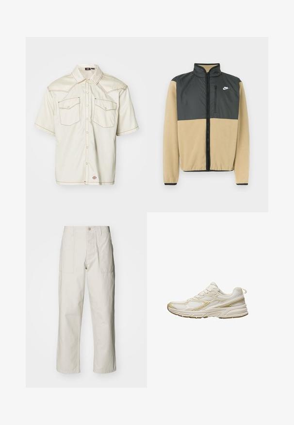 Nike polárdzseki, amelynek osztott dizájnja van, sötétszürke felső résszel és bézs alsó résszel, cipzáras zsebbel és magas gallérral.; Rövid ujjú gombos ing bézs színű anyagból, két fedéllel ellátott zsebbel, kontrasztos barna varrással és lekerekített hemévé.; Világos bézs, bő szárú nadrág, pamutból készült. Elöl zsebekkel és gombos záródással rendelkezik. Simított textúrájú, finom függőleges csíkokkal.; Fehér sportcipők, amelyek hálós és szintetikus anyagból készültek, lekerekített orral, párnázott talppal és bézs díszítésekkel az oldalán.