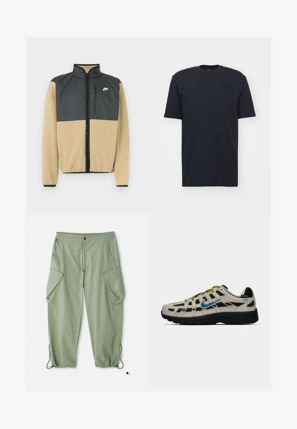 Nike fleecová bunda so rozdeleným dizajnom, s hornou časťou v antracitovej šedej farbe a dolnou časťou v béžovej farbe, so zipsovým vreckom a vysokým golierom.; Čierne bavlnené tričko s krátkym rukávom a okrúhlym výstrihom, s nenápadným logom na hrudi a voľným strihom.; Svetlozelené cargo nohavice s elastickým pásom, viacerými bočnými vreckami a regulátorom na nohaviciach. Vyrobené z odolnej, textúrovanej tkaniny.; Béžovo-čierne tenisky Nike P-6000 s modrým logom, žltými šnúrkami, čiernou podrážkou a visačkou z Cordura látky na päte.