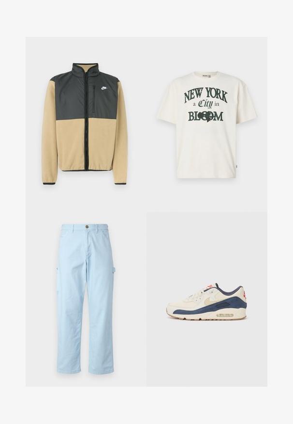 Nike fliisjakki, millel on jagatud disain tumehall ülaosa ja beež alaosa, lukuga tasku ja kõrge krae.; Kreemi värvi puuvillane T-särk lühikeste varrukatega, millel on mustriga print "NEW YORK a City in BLOOM" tumerohelises värvitoonis.; Heled sinised cargo püksid pehmest puuvillast, sirge lõikega, küljetaskute ja nööbiga lukuga vööl.; Kreem nahk ja tumesinise nubukiga ülaosa, millel on nähtav õhksool, beež kummist välistald ja punane aktsent kanna peal.