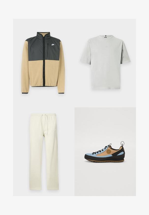 Nike polárdzseki, amelynek osztott dizájnja van, sötétszürke felső résszel és bézs alsó résszel, cipzáras zsebbel és magas gallérral.; Világosszürke, rövid ujjú pamut póló, középen egy kis ovális logóval a mellkasán és kerek nyakkivágással.; Világos bézs melegítőnadrág megkötős derékkal, puha anyagból készült. Finom fehér Nike logó látható a bal combon.; Világoskék és barna, többféle anyagból készült cipő fekete akcentusokkal, texturált felülettel, kerek orral, fűzőkkel és egy sarokhúzó fülekkel a könnyű felhúzás érdekében.