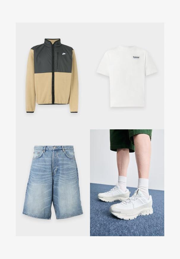 Nike fleecejakke med delt design, hvor den øverste del er charcoal grå, og den nederste del er beige. Den har en lynlåslomme og en høj krave.; Hvid bomulds T-shirt med et blåt broderet "Timberland Rugged Active Gear" logo på den øverste venstre bryst. Korte ærmer og rund hals.; Lysblå denimshorts med en falmet vask. Har en knappet talje, bæltestropper og to frontlommer.; Hvide atletiske sko med teksturerede overlays, en chunky sål og grå accenter. Båret med hvide ankelstrømper og grønne shorts på en blå overflade.