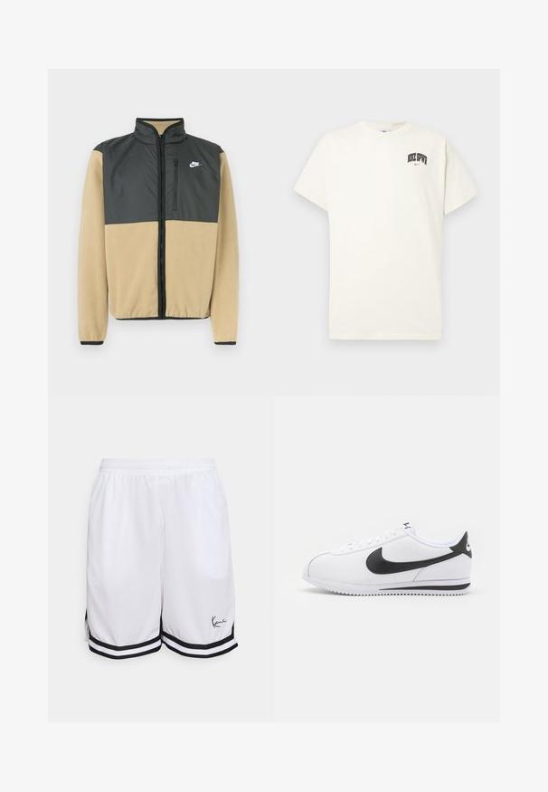 Nike fleecejakke med delt design, hvor den øverste del er charcoal grå, og den nederste del er beige. Den har en lynlåslomme og en høj krave.; Cremefarvet bomulds t-shirt med korte ærmer, der har "NIKE SB" i sort og rød tekst på brystet. Standard rund halsudskæring.; Hvide atletiske shorts lavet af letvægtsstof, med en sort stribet kant og et signaturlogo på den nederste venstre side.; Hvide lædersneakers med sort Nike swoosh, flade snørebånd og tekstureret gummisål. Rund tå og polstret krave for komfort.
