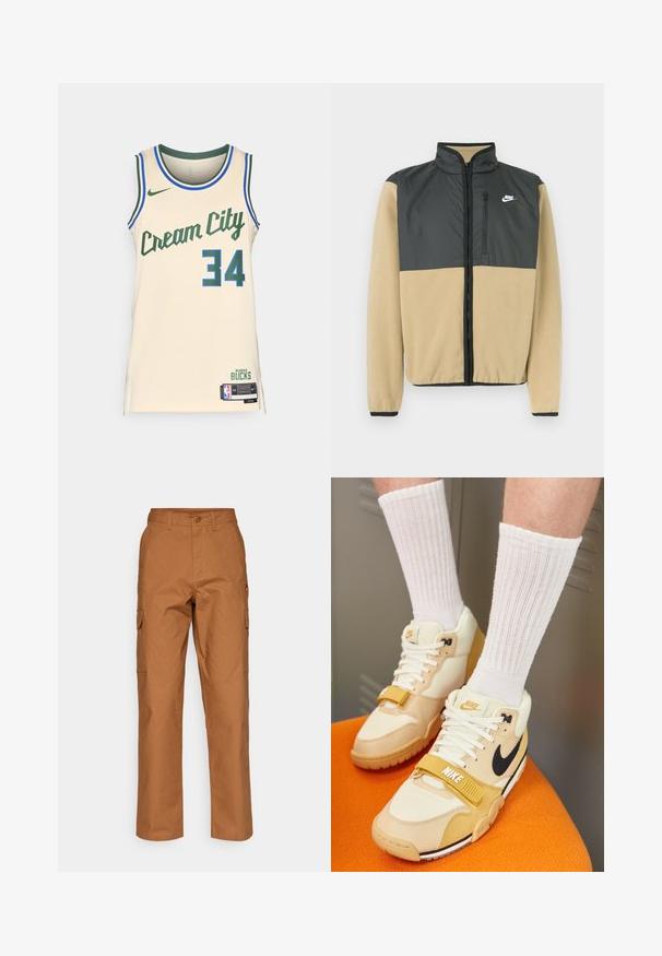Giacca in fleece Nike con un design diviso, parte superiore grigio carbone e parte inferiore beige, tasca con zip e colletto alto.; Maglietta da basket Cream City beige con accenti verdi e bordi blu. Presenta il testo "Cream City" e il numero "34." Logo Nike esposto.; Pantaloni cargo marroni in un mix di cotone testurizzato, caratterizzati da un design a gamba dritta, due tasche laterali e una chiusura a bottone in vita.; Scarpe sportive Nike in pelle beige e crema, con un logo swoosh nero, lacci bianchi, una fascia in Velcro e una suola in gomma testurizzata.