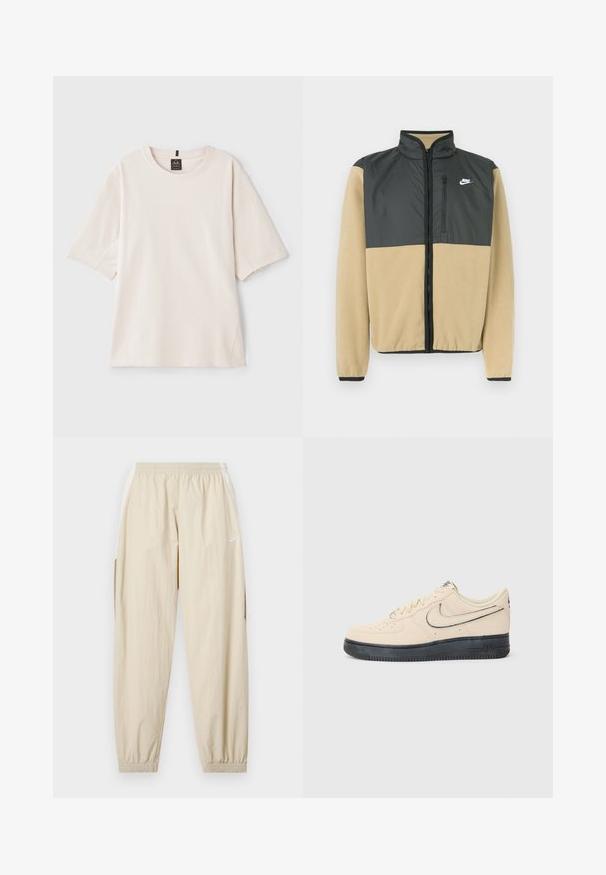 Nike fleece jacket featuring a divided design with charcoal gray upper and beige lower sections, zippered pocket, and high collar.; Light beige t-shirt made of soft cotton. Features a round neck, short sleeves, and a relaxed fit with side seam detailing.; Beige lightweight joggers with elastic waistband, cuffed ankles, side pockets, and subtle Nike logo in white on the left thigh.; Beige suede Nike Air Force 1 sneaker with a black rubber sole, stitched accents, perforated toe, and a prominent swoosh logo.
