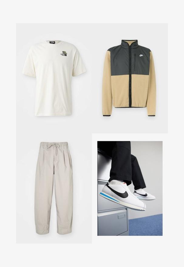 Nike fleecová bunda so rozdeleným dizajnom, s hornou časťou v antracitovej šedej farbe a dolnou časťou v béžovej farbe, so zipsovým vreckom a vysokým golierom.; Krémové bavlnené tričko s okrúhlym výstrihom, krátkymi rukávmi a grafikou na ľavej strane hrudníka, ktorá zobrazuje kvety a logo "The North Face".; Béžové, ľahké nohavice s elastickým pásom a šnúrkou na stiahnutie. Obsahujú plisovanie a voľný strih, vyrobené z mäkkej, hladkej tkaniny.; Biele kožené tenisky s čiernym logom Nike, svetlomodrou a šedou gumovou podrážkou a klasickým šnurovacím dizajnom. Nohy položené na fileciante.