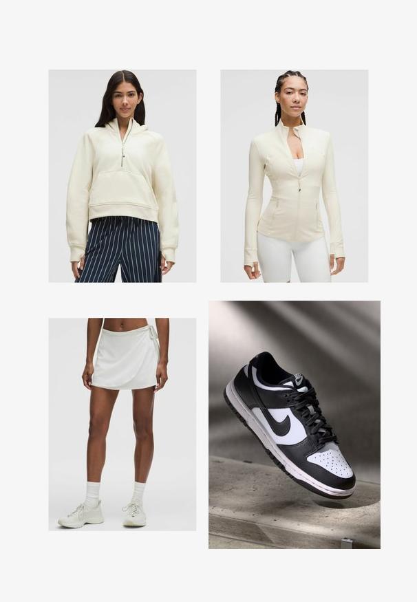 Jasno beżowa kurtka rozpinana z wysokim kołnierzem, długimi rękawami i dwiema przednimi kieszeniami. Gładki, elastyczny materiał z detalami szwów.; Kremowa, rozpinana bluza z kapturem z kieszenią kangurzą, ściągaczami przy mankietach oraz luźnym krojem, w połączeniu z granatowo-białymi spodniami w paski.; Biała krótka bluzka z okrągłym dekoltem i szerokimi ramiączkami. Wykonana z gładkiego, elastycznego materiału z beżowym wykończeniem przy dekolcie.; Biała sportowa spódnica z zakładką, wykonana z gładkiego materiału. Posiada wiązanie z boku i jest zestawiona z jasnymi sneakerami i skarpetkami.; Czarno-białe sneakersy Nike Dunk Low z cholewką skórzaną, perforowanym noskiem i czarnymi sznurowadłami, z białą podeszwą i akcentami logo.