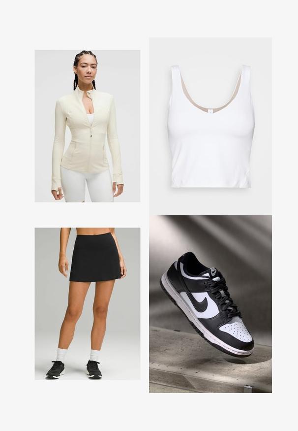 Világos bézs zipzáras dzseki magas gallérral, hosszú ujjal és két elülső zsebbel. Simogató, rugalmas anyag varrási részletekkel.; Fehér rövid fazonú top, kerek nyakkivágással és széles vállpántokkal. Sima, rugalmas anyagból készült, bézs béléssel a nyakkivágásnál.; Fekete sportos szoknya magas derékkal, rugalmasságot biztosító anyagból készült. Simább textúrával és bővülő szegéllyel rendelkezik. Fekete sportcipővel viselik.; Fekete-fehér Nike Dunk Low sneaker, bőr felsőrésszel, perforált orral és fekete fűzőkkel, fehér talppal és logó kiegészítőkkel.