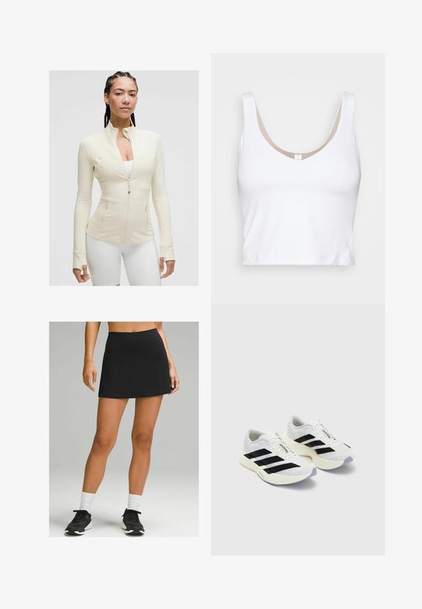 Jachetă crem deschis, cu fermoar, guler înalt, mâneci lungi și două buzunare frontale. Material elastic, neted, cu detalii ale cusăturii.; Top alb croptop cu decolteu rotund și bretele largi. Fabricat dintr-un material neted și elastic, având un accent de căptușeală bej la decolteu.; Fustă sport neagră cu talie înaltă, realizată din material elastic. Are o textură fină și un tiv evazat. Poartă adidași negri.; Încălțăminte sport albă cu dungi negre și branding, având un guler din plasă, vârf rotund și o talpă groasă de crem pentru amortizare.