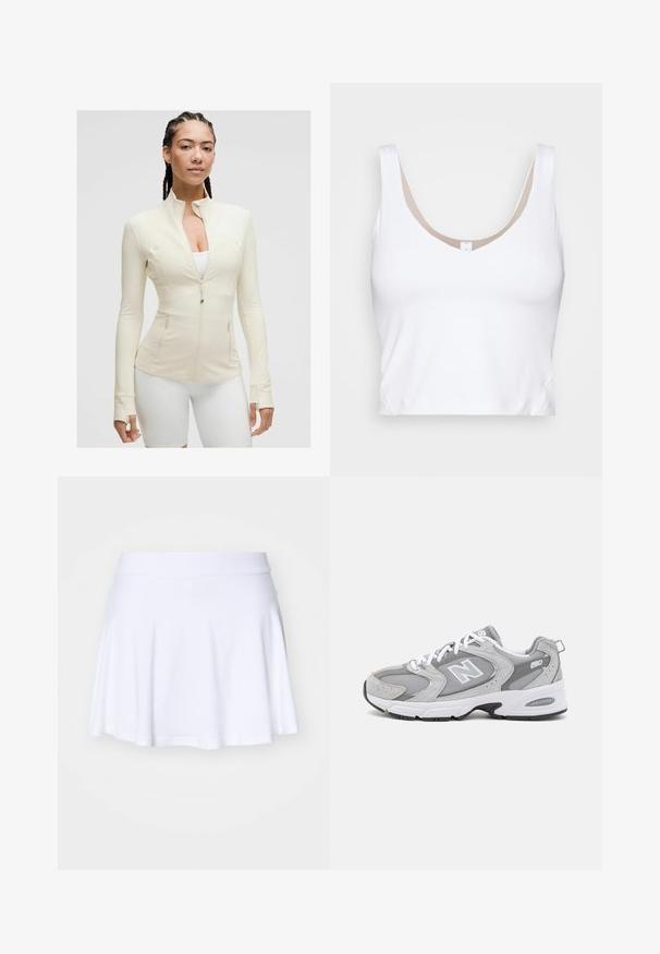 Gai krēmkrāsas rāvējslēdzēja jaku ar augstu apkakli, garām piedurknēm un divām priekšējām kabatām. Gluda, elastīga auduma ar šuvju detaļām.; Balta īsā blūze ar apaļu kakla izgriezumu un platām plecu siksnām. Izgatavota no gludas, elastīgas auduma ar beigās akcentētu odere kakla izgriezumā.; Baltā skrituļdēļa svārki, izgatavoti no mīksta, elastīga auduma ar plašu jostu. Izceļas ar izplestu dizainu un gludu apakšmalu.; Pelēki sporta apavi ar sietu un zīdainu virsu, baltiem šņorēm un melnu zoli. Iekļauta izteikta "N" logo un mīkstināta apkakle.