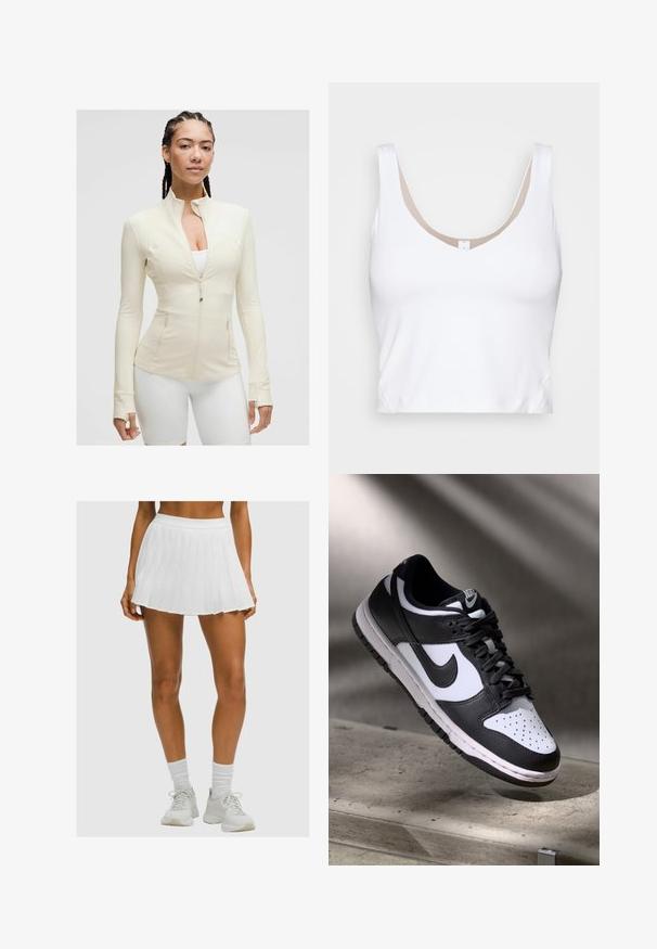 Világos bézs zipzáras dzseki magas gallérral, hosszú ujjal és két elülső zsebbel. Simogató, rugalmas anyag varrási részletekkel.; Fehér rövid fazonú top, kerek nyakkivágással és széles vállpántokkal. Sima, rugalmas anyagból készült, bézs béléssel a nyakkivágásnál.; Napbarnított lábak fehér, pliszírozott teniszszoknyában, fehér bokazokniban és fehér sportcipőben, egy egyszínű háttér előtt.; Fekete-fehér Nike Dunk Low sneaker, bőr felsőrésszel, perforált orral és fekete fűzőkkel, fehér talppal és logó kiegészítőkkel.