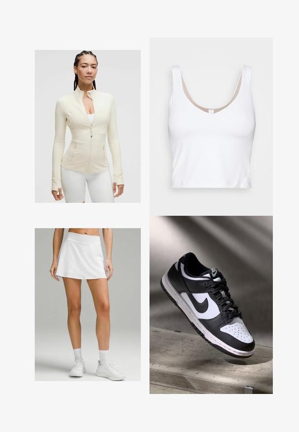 Svetlo bež zip-up jopič s visokim ovratnikom, dolgimi rokavi in dvema sprednjima žepoma. Gladek, raztegljiv material s šivi.; Bela kratka majica s širokim rameničkami in sploščenim izrezom. Narejena iz gladkega, razteznega materiala z bež podlogo na izrezu.; Bela športna krila z gladko teksturo, visokim pasom in razprostranjeno obliko. V kombinaciji z belimi teniskami in nogavicami.; Črno-bel Nike Dunk Low čevelj z usnjenim zgornjim delom, perforiranim prstnim delom in črnimi vezalkami, z belim podplatom in logotipnimi detajli.
