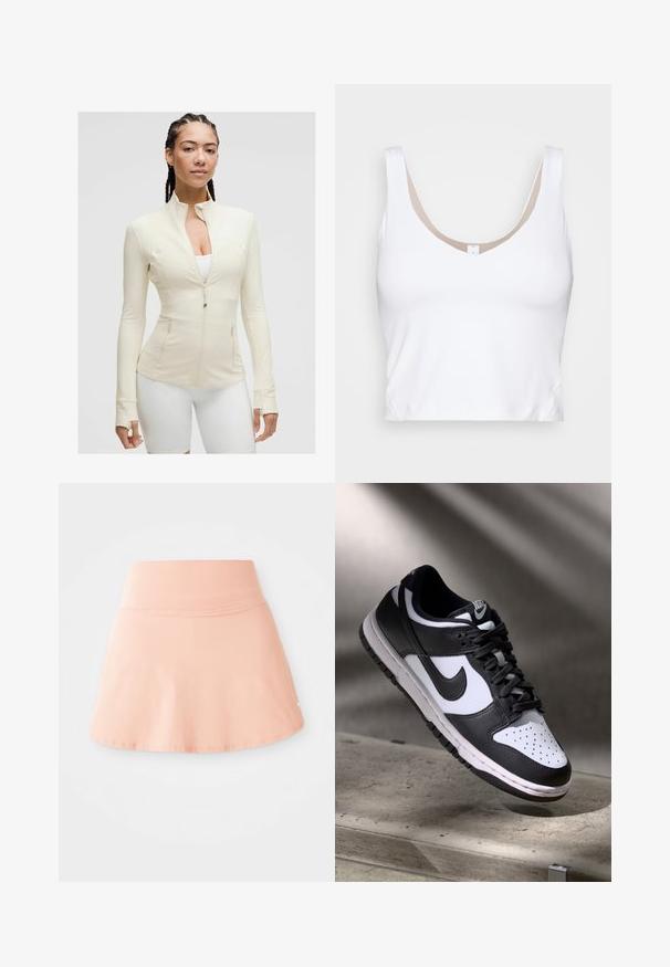 Šviesiai smėlinis užtrauktuku užsegamas švarkas su aukštu apykakle, ilgomis rankovėmis ir dviem priekinėmis kišenėmis. Vidaus audinys yra lygus ir elastingas, su siūlių detalėmis.; Balta trumpa palaidinė su apvaliu kaklu ir plačiomis petnešomis. Pagaminta iš lygios, tamprios medžiagos su smėlio spalvos pamušalu kaklo srityje.; Persikų spalvos sportinis sijonas, pagamintas iš lygaus, tampraus audinio. Su plačia juosmens juosta, platėjančiu apačiu ir mažo logotipo akcentu šone.; Juoda ir balta Nike Dunk Low sportbačiai su odiniu viršumi, perforuotu pirštų dėklu ir juodomis raištelėmis, turintys baltą padą ir logotipo akcentus.