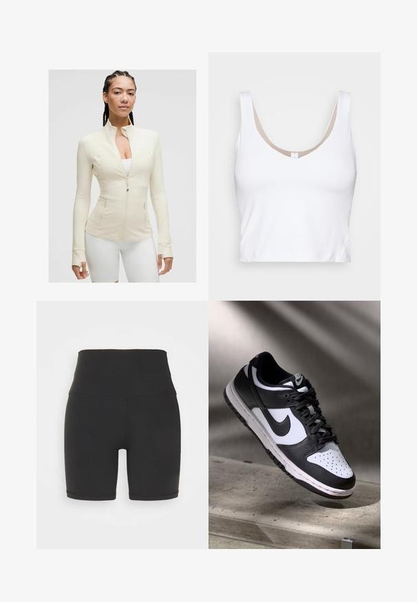 Gai krēmkrāsas rāvējslēdzēja jaku ar augstu apkakli, garām piedurknēm un divām priekšējām kabatām. Gluda, elastīga auduma ar šuvju detaļām.; Balta īsā blūze ar apaļu kakla izgriezumu un platām plecu siksnām. Izgatavota no gludas, elastīgas auduma ar beigās akcentētu odere kakla izgriezumā.; Augsta vidukļa melnie sporta šorti, izgatavoti no elastīga auduma, ar gludu tekstūru, īsu garumu un izturīgu šuvju detaļām.; Melnbaltas Nike Dunk Low sporta apavi ar ādas augšdaļu, caurdurta pirkstu kaste un melnām šņorēm, ar baltu zoli un logo akcentiem.
