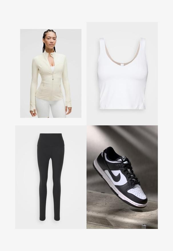Világos bézs zipzáras dzseki magas gallérral, hosszú ujjal és két elülső zsebbel. Simogató, rugalmas anyag varrási részletekkel.; Fehér rövid fazonú top, kerek nyakkivágással és széles vállpántokkal. Sima, rugalmas anyagból készült, bézs béléssel a nyakkivágásnál.; Magas derékú fekete leggings, rugalmas anyagból, sima felülettel és teljes hosszúságú dizájnnal, testhezálló szSilhuettel.; Fekete-fehér Nike Dunk Low sneaker, bőr felsőrésszel, perforált orral és fekete fűzőkkel, fehér talppal és logó kiegészítőkkel.