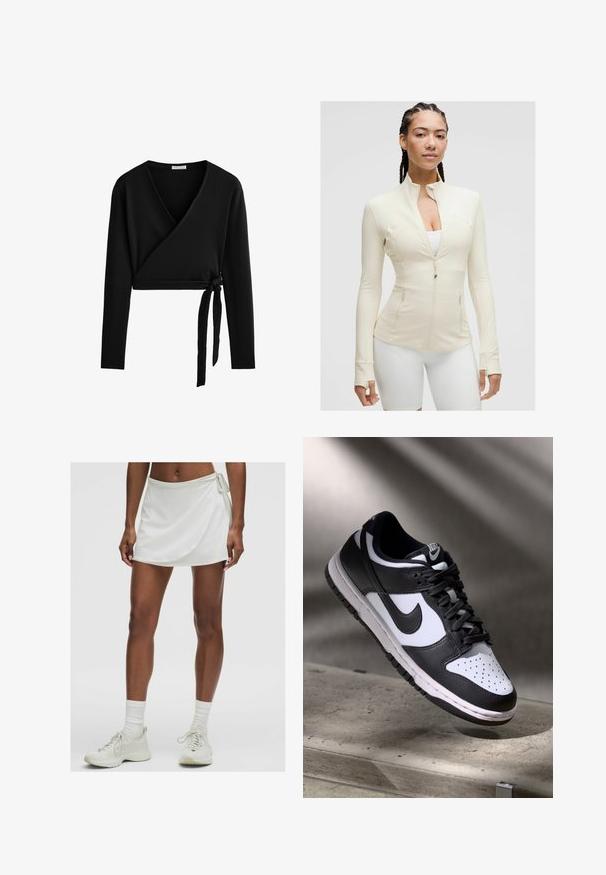 Helles beiges Zip-Through-Jackett mit hohem Kragen, langen Ärmeln und zwei Vordertaschen. Glatter, dehnbarem Stoff mit Nahtdetails.; Schwarzes Langarm-Wickeloberteil aus geripptem Stoff, mit tiefem V-Ausschnitt und seitlicher Bindung für eine verstellbare Passform.; Weißer sportlicher Skort mit Wickeldesign, aus glattem Stoff gefertigt. Beinhaltet eine Schleife an der Seite und wird mit hellen Sneakers und Socken kombiniert.; Schwarz-weißer Nike Dunk Low Sneaker mit Lederobermaterial, perforiertem Zehenbereich und schwarzen Schnürsenkeln, ausgestattet mit einer weißen Sohle und Logo-Akzenten.