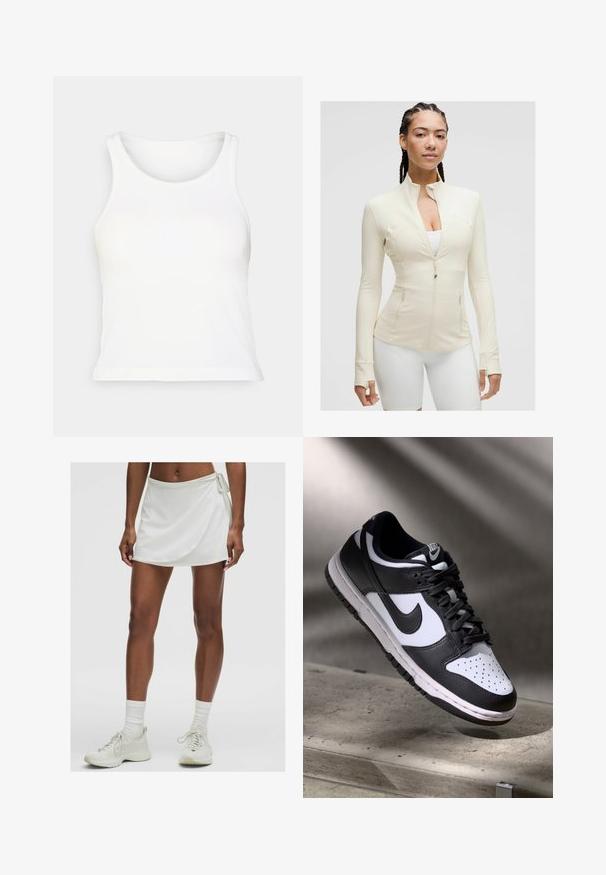 Lichtbeige ritsjack met een hoge kraag, lange mouwen en twee voorzakken. Glad, rekbaar materiaal met naaddetail.; Witte geribbelde tanktop met een ronde halslijn en een mouwloos ontwerp. Zachte textuur, getailleerde vorm en een rechte zoom. Geen patronen of accenten.; Witte sportrok met een wikkelontwerp, gemaakt van gladde stof. Bevat een strik aan de zijkant en wordt gecombineerd met lichtgekleurde sneakers en sokken.; Zwart-witte Nike Dunk Low sneaker met een leren bovenwerk, geperforeerde neus, en zwarte veters, met een witte zool en logo-accenten.