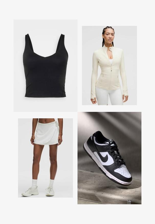 Světlé béžové zipové sako s vysokým límcem, dlouhými rukávy a dvěma předními kapsami. Hladká, pružná tkanina s detaily švů.; Černý bezrukávový crop top s hlubokým výstřihem do V, vyrobený z hladkého, elastického materiálu. Má čistý lem a žádné viditelné vzory ani akcenty.; Bílý sportovní sukňový šortky s překrytím, vyrobený z hladkého materiálu. Má zavazování na boku a je spojen s svetlými teniskami a ponožkami.; Černobílé tenisky Nike Dunk Low s koženým svrškem, perforovanou špičkou a černými tkaničkami, s bílou podrážkou a akcenty loga.