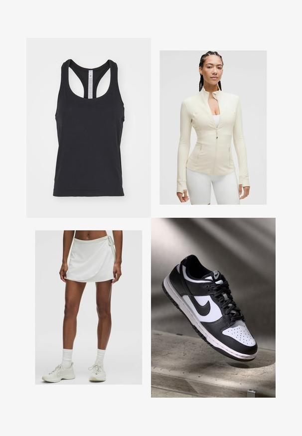 Light beige zip-up jacket with a high collar, long sleeves, and two front pockets. Smooth, stretchy fabric with seam detailing.; lululemon SWIFTLY TECH RACERBACK TANK - Top - black black; White athletic skort with a wrap design, made from smooth fabric. Features a tie on the side and is paired with light-colored sneakers and socks.; Black and white Nike Dunk Low sneaker with leather upper, perforated toe box, and black laces, featuring a white sole and logo accents.