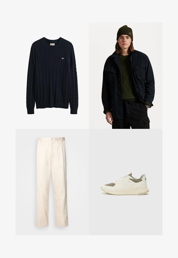 Dark navy jacket with two large chest pockets, layered over a green textured sweater. Worn with a green beanie and black pants.; Navy blue cable-knit sweater with ribbed neckline and hem, featuring a small logo on the chest. Made from a textured, soft material.; Beige cotton trousers with a straight-leg cut, featuring a button closure and pleats at the front for added detail.; White and light beige athletic sneaker, featuring a mesh upper, perforated detailing, and a textured midsole with branding on the heel.