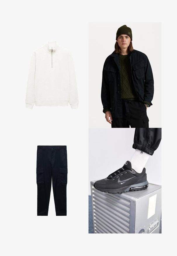 Donker marineblauwe jas met twee grote borstzakken, gedragen over een groene gestructureerde trui. Gecombineerd met een groene beanie en zwarte broek.; Mango WINNE - Sweater - off-white; Marineblauwe cargo broek van katoen, met zijzakken, een ritszak en riemlussen; rechte pijpen met omgeslagen zomen.; Nike Sportswear PULSE - Sneakers laag - black/anthracite