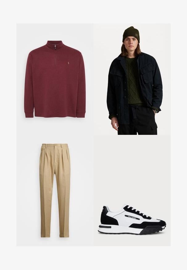 Temno modra jakna z dvema velikima žepoma na prsih, prekrita s teksturiranim zelenim puloverjem. Nošena z zelenim klobukom in črnimi hlačami.; Burgundska dolgimi rokavi z puloverjem in četrt-zadrgo ter rebrastimi manšetami. Ima majhen logotip na prsih. Mehka, teksturirana tkanina.; Beige lanene hlače s ravnim krojem, ki imajo dva sprednja pregiba, gumbasto zapiranje in stranske žepi. Teksturna tkanina z gladkim zaključkom.; Tenisice z zgornjim delom iz črnega usnja in belega usnja, z črnim gumijastim podplatom, belimi vezalkami in logotipom "POLO SPORT" na strani.