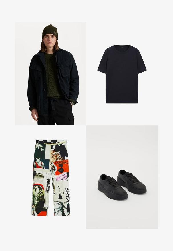 Dunkelnavy Jacke mit zwei großen Brusttaschen, über einem grünen strukturierten Pullover getragen. Kombiniert mit einer grünen Mütze und schwarzen Hosen.; Marineblaue, kurzärmelige T-Shirt aus weicher Baumwolle. Verfügt über einen Rundhalsausschnitt und eine klassische, lockere Passform ohne Muster oder Verzierungen.; Gemusterte Hosen mit einer Collage aus Bildern, Farben und Texturen, einschließlich Grünpflanzen, Grafiken und kräftigen Akzenten. Elastischer Bund.; Schwarze Sneakers aus glattem Leder mit einer gepolsterten Sohle. Merkmale sind flache Schnürsenkel, Perforationen an der Zehenpartie und eine schlanke Silhouette.