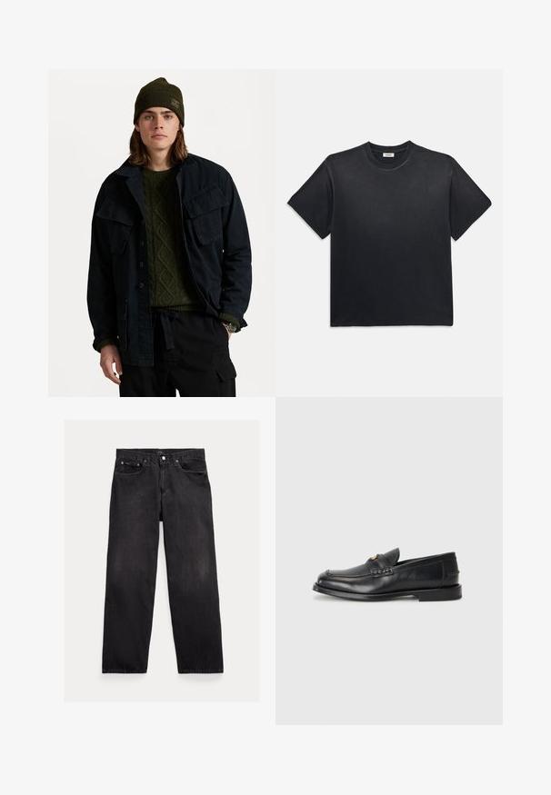 Tume meresinine jakk, millel on kaks suurt rindtaskut, rohelise tekstuuriga sviitri peal. Kannab rohelise nokamütsi ja musti pükse.; Must märk puuvillane T-särk ümmarguse kaelusega ja lühikeste varrukatega. Omab lõdvat istuvust, sujuvat tekstuuri ja minimalistlikku disaini.; Mustadest denimist püksid sirge sääre kujundusega, viie taskuga ja nööbikattega. Omab kerget pleekimist ja kontrastset nõelumise detaili.; Mustad mustad nahast loafersid esitlevad ümarat varvast, keerduvaid õmblusi ja väikest kuldset detailet ees. Tallad on lamedad ja diskreetsed.