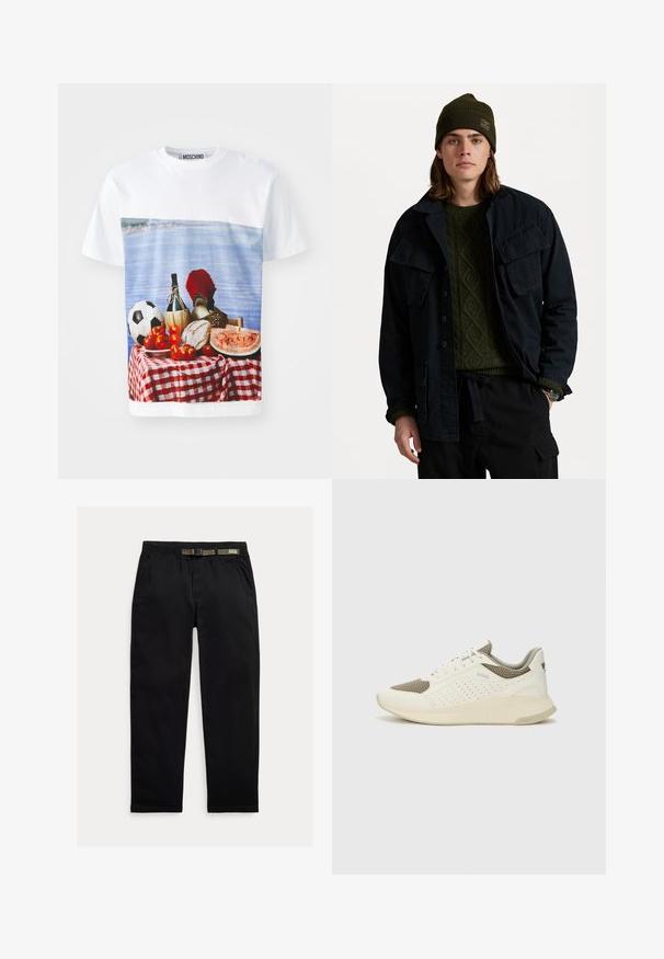 Temno modra jakna z dvema velikima žepoma na prsih, prekrita s teksturiranim zelenim puloverjem. Nošena z zelenim klobukom in črnimi hlačami.; MOSCHINO ITALIAN INSPIRATION - Potiskana majica - multi white; Črne hlače iz lahkega blaga, z elastičnim pasom in vgrajenim zeleni pasom, ravne noge in stranskimi žepi.; Beli in svetlo bež športni copat, s mrežastim zgornjim delom, perforiranimi detajli in teksturirano srednjim delom z blagovno znamko na peti.