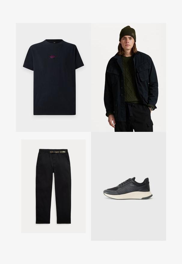 Sötét tengerész kék dzseki, amely két nagy mellzsebbel rendelkezik, zöld textúrájú pulóver fölé rétegezve. Zöld beanie sapkával és fekete nadrággal viselve.; Fekete pamut póló rövid ujjakkal, középen hímzett dizájnnal, lila színben, hegyes csillag formával és a "FORMER" felirattal.; Fekete nadrág, könnyű anyagból készült, elasztikus derékpánttal és beépített zöld övvel, egyenes lábvonallal és oldalsó zsebekkel.; Fekete sportcipő, amely hálós felső résszel és perforációkkal rendelkezik, krém színű, texturált középtalppal és gumitalppal a tapadás érdekében.