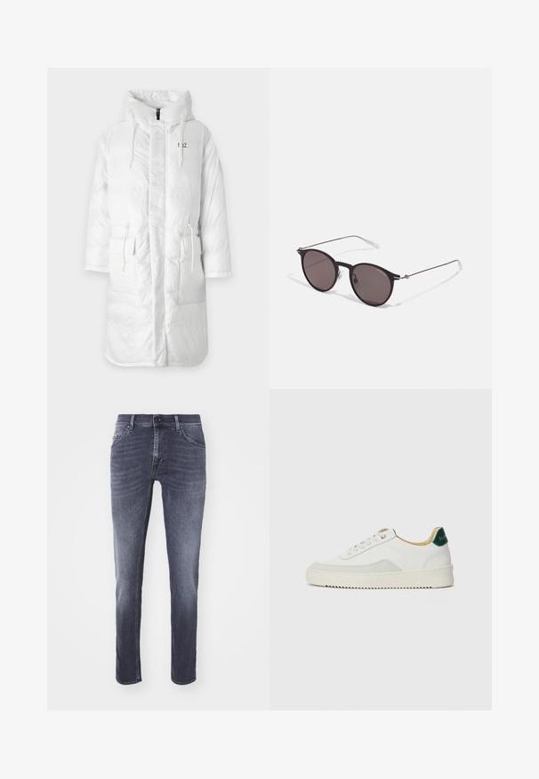 Valkoinen puhuva takki hupulla, jossa on täysi vetoketju, kaksi etutaskua ja säädettävät narut vyötäröllä ja hupussa.; Musta puuvillapaita, jossa on pyöreä kaula-aukko, lyhyet hihat ja valkoinen "EMPORIO ARMANI" -logo, jonka yläpuolella on kaarevassa muodossa "Milano".; Tiger of Sweden PISTOLERO - Skinny-Farkut - corax; Valkoiset tennarit, joissa on nahkaosia, pyöreä kärki, tasaiset nauhat ja kermaisa kumi-pohja. Takana vihreä brändäys.; Musta pyöreä aurinkolasit tummilla linsseillä ja kapeilla metallikehyksillä. Sisältää kirkkaat temppelet ja hopeiset yksityiskohdat saranassa. Minimalistinen muotoilu.