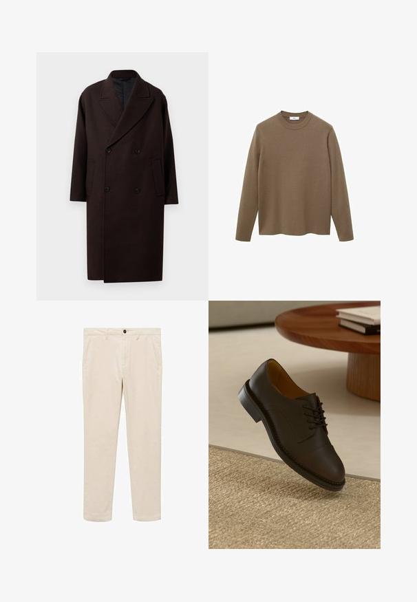 Cappotto doppiopetto in lana marrone scuro con ampi rever, maniche lunghe, tasche laterali e chiusura con bottoni neri.; Maglione marrone a maniche lunghe con collo a giro, realizzato in materiale liscio e morbido; presenta una vestibilità rilassata e un orlo dritto.; Pantaloni in cotone beige con vestibilità dritta, dotati di due tasche laterali, chiusura frontale con bottone e zip, e una superficie liscia.; Scarpa da uomo in pelle marrone con un upper testurizzato, design a lacci, cuciture a contrasto e suola in gomma resistente, sospesa sopra un tappeto intrecciato.