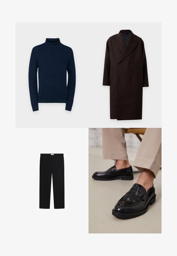 Dvostruki tamnosmeđi vuneni kaput s širokim reverima, dugim rukavima, bočnim džepovima i crnim kopčama.; Mornarski rolak s teksturiranim uzorkom, dugim rukavima i rebrastim ovratnikom i manžetama, izrađen od laganog pletenog materijala.; Crne hlače s ravnim nogavicama, prednjim džepovima i kopčanjem na dugme. Izrađene su od glatkog materijala s elegantnim završetkom.; Crne kožne mokasine s glatkom obradom, koje imaju dekorativnu traku i kontrastnu šav, u kombinaciji s bež hlačama.