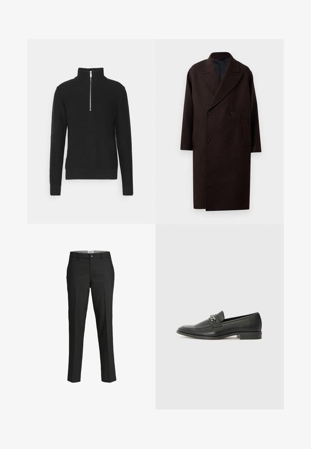 Double-breasted dark brown wool coat with wide lapels, long sleeves, side pockets, and black button closures.; Black knit pullover with a high collar, zip closure, ribbed cuffs and hem, featuring a smooth texture and a fitted silhouette.; Black trousers, tailored fit, smooth fabric, mid-rise waist, front button closure, diagonal pockets, and crease detailing down the legs.; Black leather loafer with a smooth finish, featuring a stitched design and a decorative metal chain accent across the vamp. Flat heel.