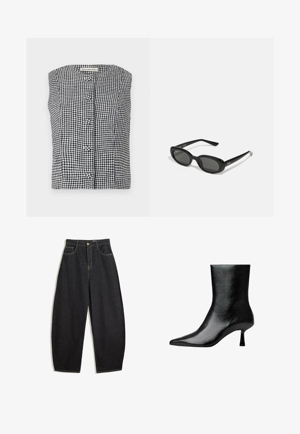 Jachetă din piele neagră cu guler larg, închidere cu fermoar în față, două buzunare laterale și talie cu curea, având o croială lejeră și o textură netedă.; Top fără mâneci, în carouri alb-negru, cu un decolteu rotund, având trei butoane frontale și un material texturat.; Pantaloni din denim negri, cu croială largă, talie înaltă, având cusături galbene, două buzunare frontale și închidere cu un singur buton.; Botine negre până la gleznă, fabricate din piele lucioasă, cu vârf ascuțit și toc subțire, având o textură netedă și un design minimal.; Ochelari de soare negri, cu lentile ovale, cadru din plastic lucios și brațe subțiri. Prezentă logo-ul Ray-Ban în alb pe lateral.; Geantă din piele neagră cu mânere împletite, suprafață texturată, buzunar frontal cu fermoar și accente decorative din franjuri. Formă compactă și structurată.