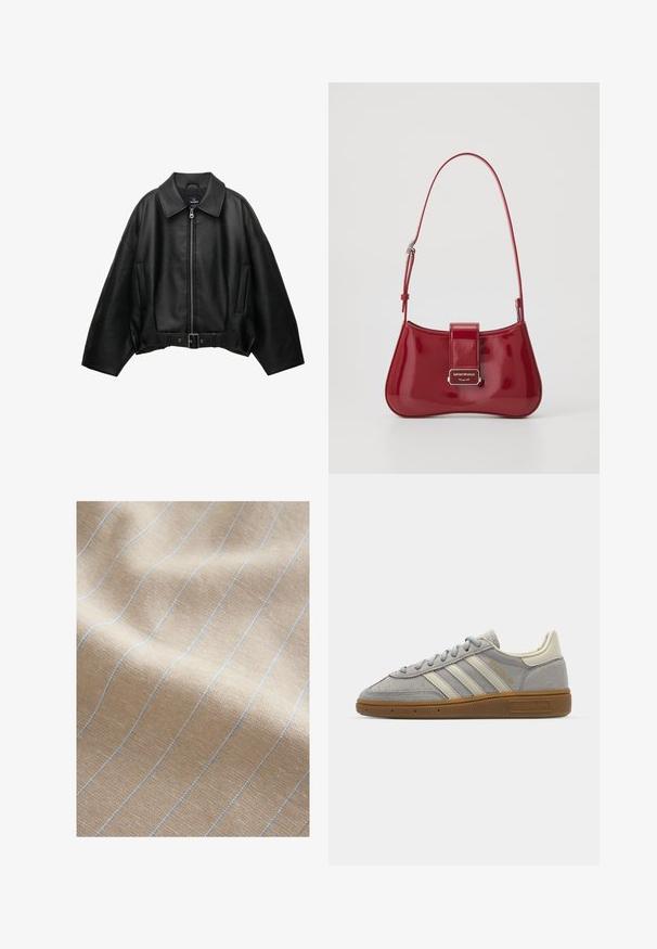 Čierna kožená bunda so širokým golierom, zipsom vpredu, dvoma bočnými vreckami a opaskom v páse, s voľným strihom a hladkou textúrou.; Šedá košeľa s dlhým rukávom a okrúhlym výstrihom, s bielym lemovaním na krku a manžetách. Vyrobená z mäkkej, štruktúrovanej látky.; Svetlo béžová tkanina s textúrovanou väzbou, s tenkými modrými pruhmi bežiacimi vertikálne. Mäkká textúra a mierne pokrčený vzhľad.; Šedé semišové tenisky s svetlosivými koženými pruhmi a gumovou podrážkou. Medzi vlastnosti patrí šnurovanie a jemné logo na jazyku.; Červená kabelka z lakovanej kože s zakriveným tvarom, so zapínaním na klopu a strieborným logom. Súčasťou je nastaviteľný ramenný popruh.