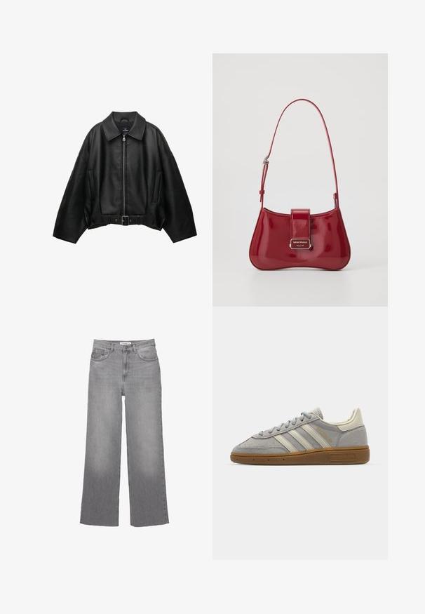 Crna kožna jakna s širokim ovratnikom, zatvaranjem na zip, dva bočna džepa i pojasom u struku, s opuštenim krojem i glatkom teksturom.; Siva košulja dugih rukava s okruglim izrezom, s bijelim detaljima na izrezu i manžetama. Izrađena od mekog, teksturiranog materijala.; Sive traperice širokog kroja s visokim strukom, s pet džepova i sirovim rubom. Mekani materijal s izblijeđenim pranjem za vintage izgled.; Sive suede tenisice s svijetlosivim kožnim prugama i gumiranim potplatom. Značajke uključuju vezanje na vezice i suptilno brendiranje na jeziku.; Crvena torbica od patenta s zakrivljenim oblikom, preklopom i srebrnim logotipom. Uključena je podesiva naramenica.