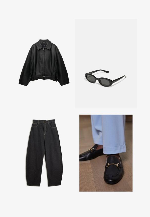 Jachetă din piele neagră cu guler larg, închidere cu fermoar în față, două buzunare laterale și talie cu curea, având o croială lejeră și o textură netedă.; Tricou lung gri deschis cu design off-shoulder și accente negre. Prezintă un decolteu rotund cu detalii legate la spate. Material dintr-un amestec de bumbac.; Pantaloni din denim negri, cu croială largă, talie înaltă, având cusături galbene, două buzunare frontale și închidere cu un singur buton.; Mocassini negri din piele cu un accent de căluș auriu, asortați cu pantaloni albaștri deschiși, pe un suport de pardoseală din lemn.; Ochelari de soare negri, cu lentile ovale, cadru din plastic lucios și brațe subțiri. Prezentă logo-ul Ray-Ban în alb pe lateral.; Geantă din piele neagră cu mânere împletite, suprafață texturată, buzunar frontal cu fermoar și accente decorative din franjuri. Formă compactă și structurată.