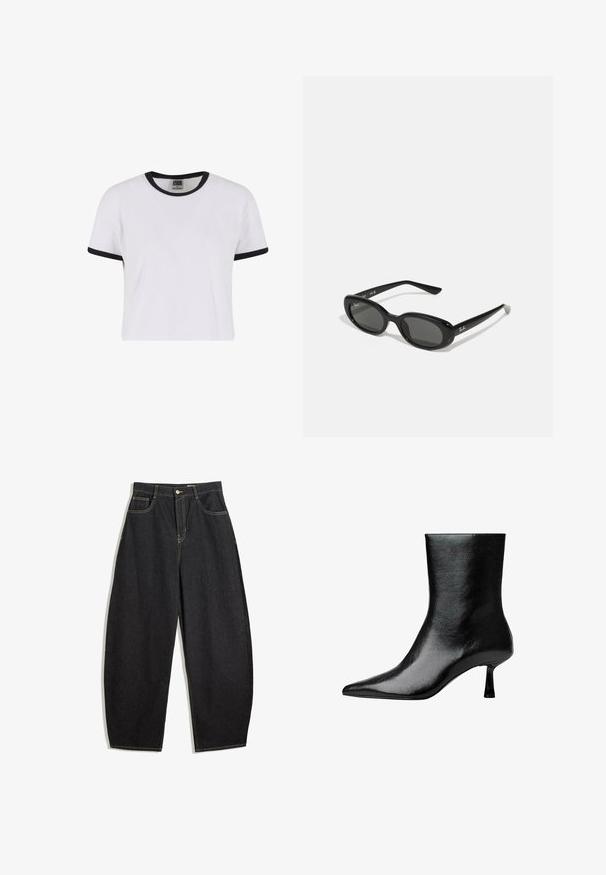 Fekete bőr dzseki széles gallérral, cipzáros elejével, két oldalsó zsebbel és övvel a deréknál, laza szabással és sima textúrával.; Fehér, rövid ujjú póló fekete bordás gallérral és ujjfodrokkal. Simaságáról ismert pamut anyagból készült, klasszikus fazonnal rendelkezik.; Fekete denim széles szárú nadrág magas derékkal, sárga varrással, két elülső zsebbel és egyetlen gombos záródással.; Fekete bokacsizma fényes bőrből, hegyes orral és karcsú sarokkal, sima textúrával és minimalista dizájnnal.; Fekete napszemüveg ovális lencsékkel, fényes műanyag kerettel és karcsú szárakkal. A Ray-Ban logó fehér színben látható az oldalon.; Fekete bőr kézitáska fonott fogantyúkkal, texturált felszínnel, cipzáras elülső zsebével és dekoratív rojtos díszítéssel. Kompakt és strukturált forma.