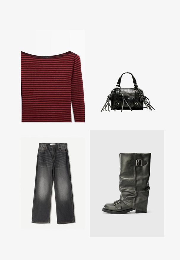 Black leather jacket with a wide collar, zip front, two side pockets, and a belted waist, featuring a loose fit and smooth texture.; Red and dark burgundy striped long-sleeve top with a wide, shallow neckline and ribbed texture. Label reads "Massimo Dutti."; Dark gray wide-leg jeans made of denim, featuring five pockets, a front zipper, and contrasting stitching along the seams.; Black faux leather ankle boot with a slouchy shaft, a chunky heel, and two metallic buckles on the side for detail.; Black leather handbag with braided handles, textured surface, zippered front pocket, and decorative fringe accents. Compact and structured shape.