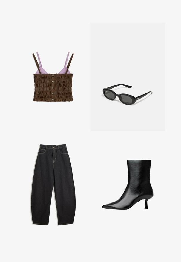 Černá kožená bunda s širokým límcem, zipovým předním zapínáním, dvěma bočními kapsami a pasem na opasek, s volným střihem a hladkým textilním povrchem.; Hnědý a levandulový zkrácený top s nařasením, nastavitelné ramínka a zapínání na knoflíky vpředu. Hladká textura s kontrastními barvami.; Černé denimové široké kalhoty s vysokým pasem, zdobené žlutým šitím, se dvěma předními kapsami a jedním zapínáním na knoflík.; Černé kotníkové boty vyrobené z lesklé kůže s špičatou špičkou a úzkým podpatkem, se hladkým povrchem a minimalistickým designem.; Černé sluneční brýle s oválnými objektivy, lesklý plastový rám a štíhlé nožičky. Na boku se nachází bílé logo Ray-Ban.; Černá kožená kabelka s pletenými držadly, texturovaným povrchem, přední kapsou na zip a dekorativními třásněmi. Kompaktní a strukturovaný tvar.