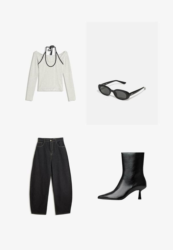 Schwarze Lederjacke mit einem breiten Kragen, Reißverschluss vorne, zwei Seitentaschen und einem taillierten Bund, mit lockerem Schnitt und glatter Textur.; Hellgraues langärmliges Oberteil mit schulterfreiem Design und schwarzen Akzenten. Verfügt über einen runden Ausschnitt mit einem Bindeband im Rücken. Aus Baumwollmischung.; Schwarze Denim-Hosen mit weitem Bein und hoher Taille, mit gelben Nähten, zwei Vorderaschen und einem einzigen Knopfverschluss.; Schwarzer Knöchelschuh aus glänzendem Leder mit spitzem Zeh und schmalem Absatz, präsentiert sich mit glatter Textur und minimalistischem Design.; Schwarze Sonnenbrille mit ovalen Gläsern, glänzendem Kunststoffrahmen und schlanken Bügeln. Mit Ray-Ban-Logo in Weiß an der Seite.; Schwarze Lederhandtasche mit geflochtenen Tragegriffen, texturiertem Oberflächen, einem Reißverschluss-Frontfach und dekorativen Fransenakzenten. Kompakte und strukturierte Form.